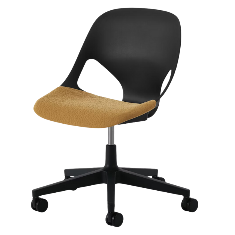 The Zeph Multipurpose Chair without Arms from Herman Miller black shell with mustard seed seat pad.