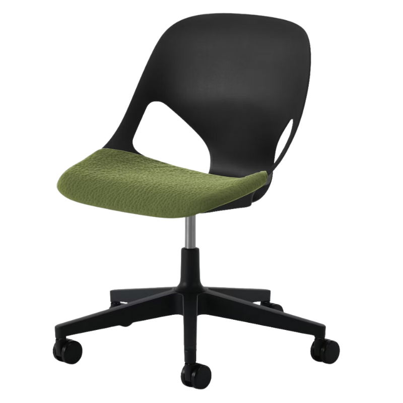 The Zeph Multipurpose Chair without Arms from Herman Miller black shell with olive seat pad.