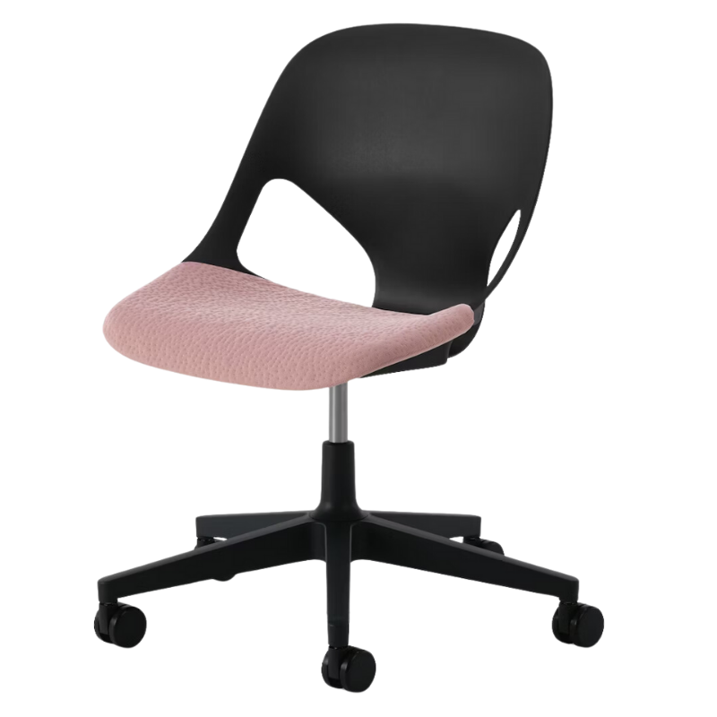 The Zeph Multipurpose Chair without Arms from Herman Miller black shell with tea rose seat pad.