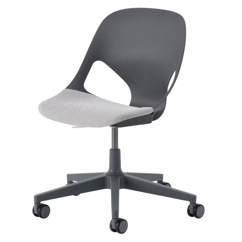 The Zeph Multipurpose Chair without Arms from Herman Miller carbon shell with alpine seat pad.