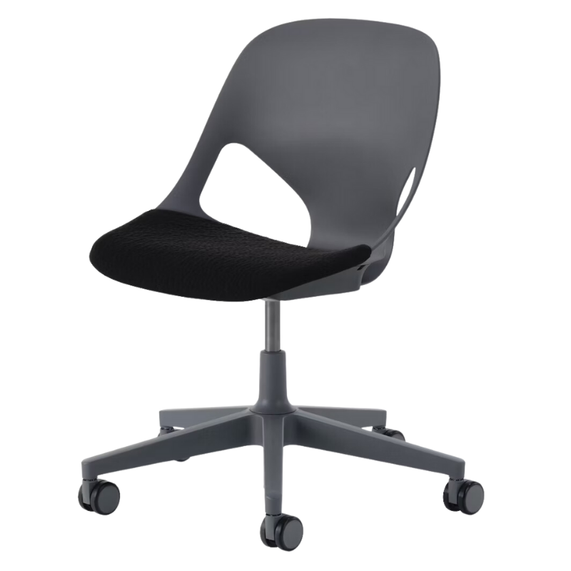 The Zeph Multipurpose Chair without Arms from Herman Miller carbon shell with black seat pad.