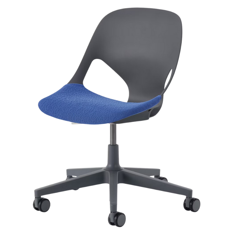 The Zeph Multipurpose Chair without Arms from Herman Miller carbon shell with bluebell seat pad.