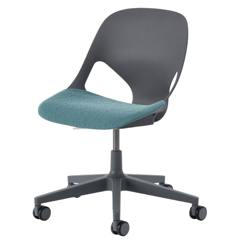 The Zeph Multipurpose Chair without Arms from Herman Miller carbon shell with glacier seat pad.