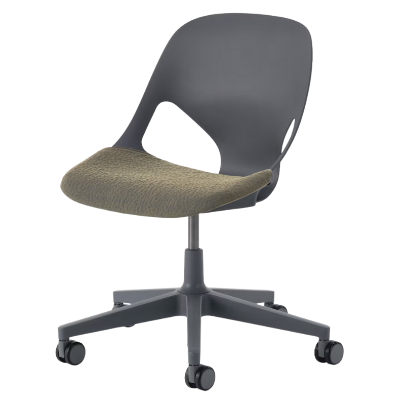 The Zeph Multipurpose Chair without Arms from Herman Miller carbon shell with moss seat pad.