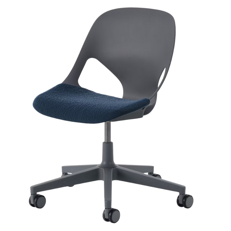 The Zeph Multipurpose Chair without Arms from Herman Miller carbon shell with nightfall seat pad.