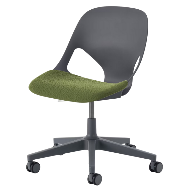 The Zeph Multipurpose Chair without Arms from Herman Miller carbon shell with olive seat pad.