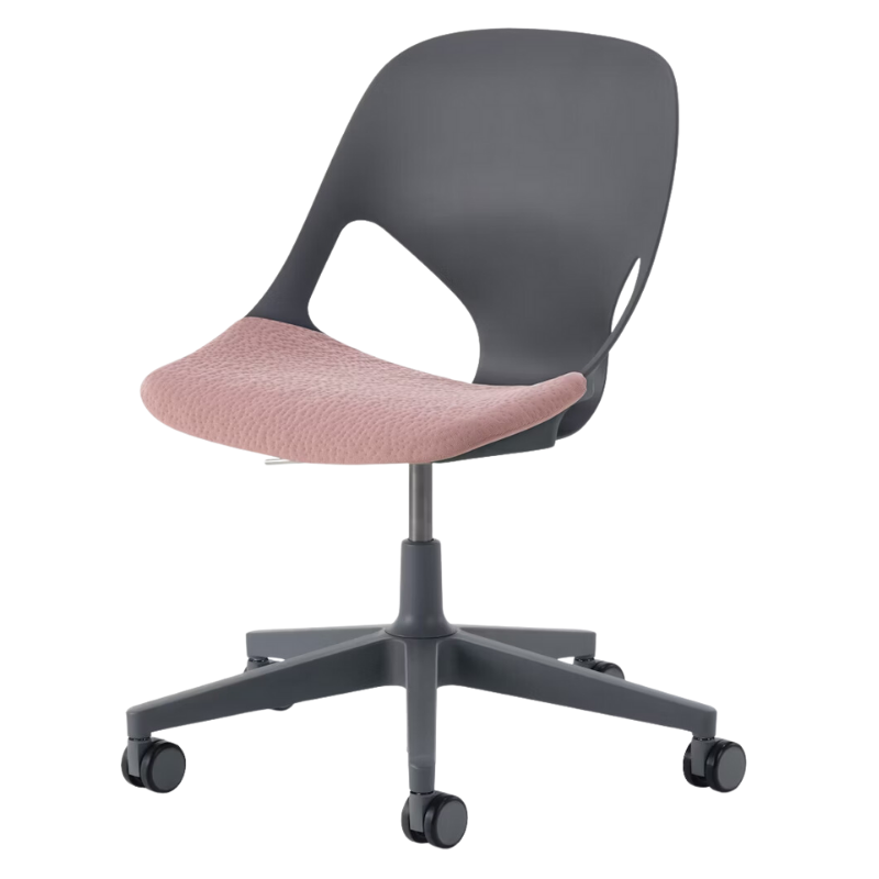 The Zeph Multipurpose Chair without Arms from Herman Miller carbon shell with tea rose seat pad.