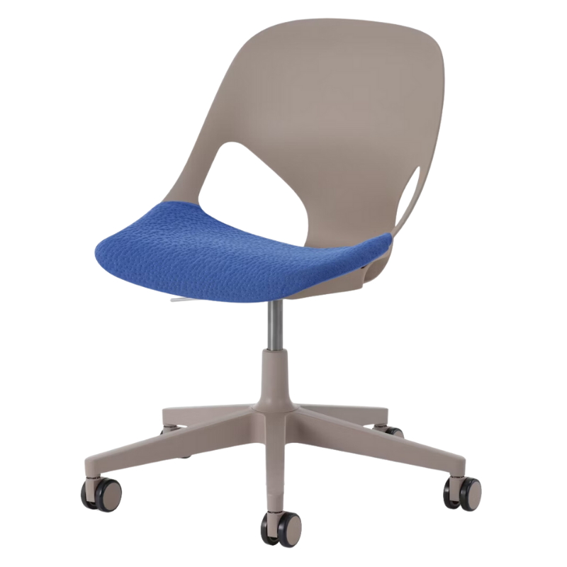 The Zeph Multipurpose Chair without Arms from Herman Miller cocoa shell with bluebell seat pad.