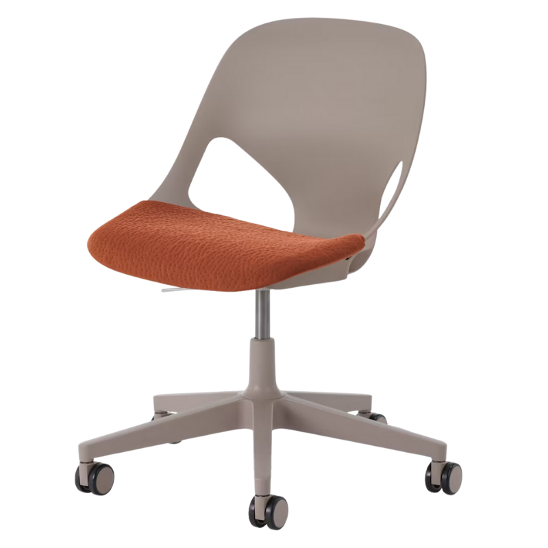 The Zeph Multipurpose Chair without Arms from Herman Miller cocoa shell with cayenne seat pad.