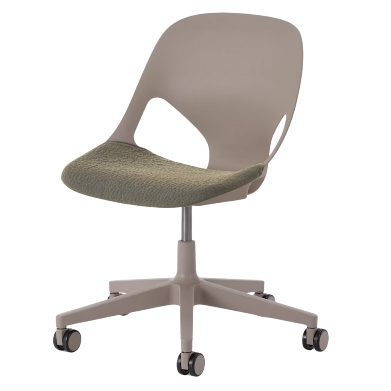 The Zeph Multipurpose Chair without Arms from Herman Miller cocoa shell with moss seat pad.