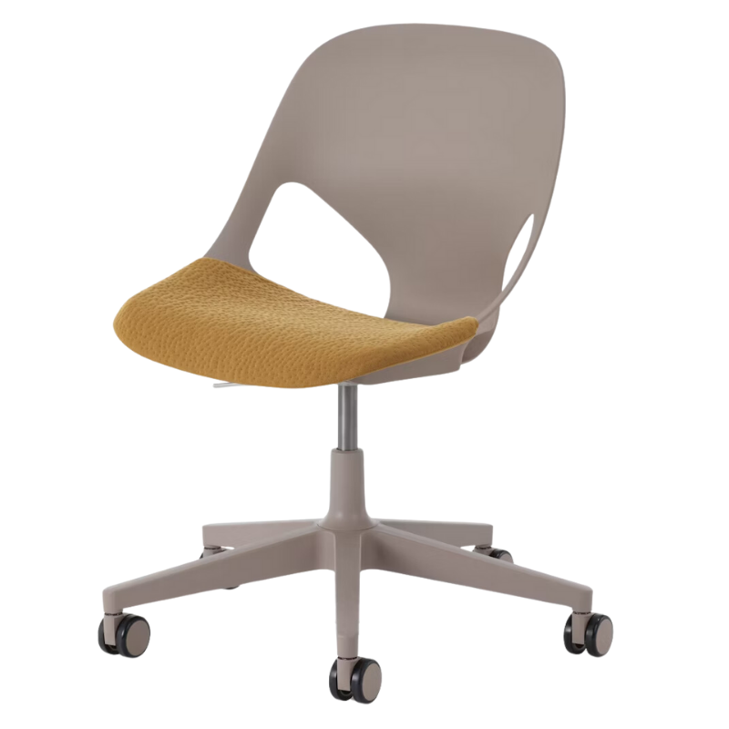 The Zeph Multipurpose Chair without Arms from Herman Miller cocoa shell with mustard seed seat pad.