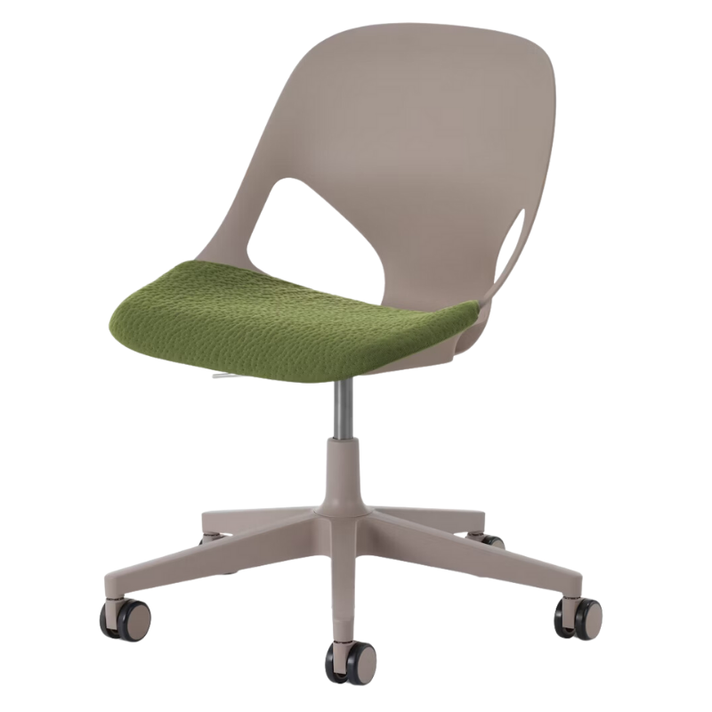 The Zeph Multipurpose Chair without Arms from Herman Miller cocoa shell with olive seat pad.