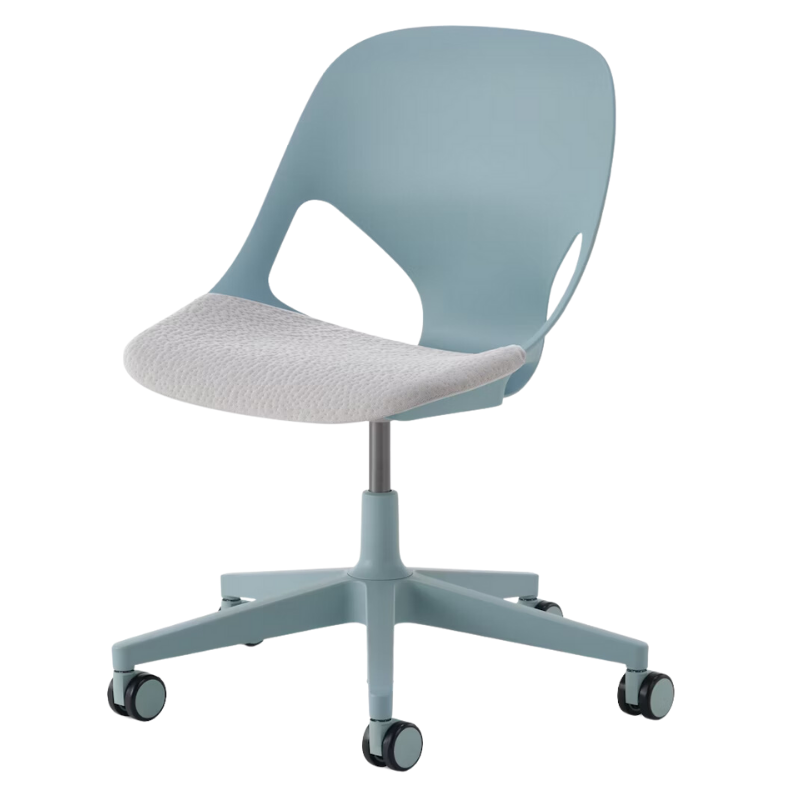 The Zeph Multipurpose Chair without Arms from Herman Miller glacier shell with alpine seat pad.