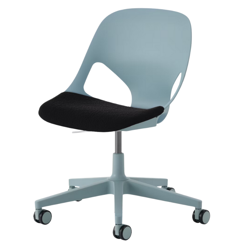 The Zeph Multipurpose Chair without Arms from Herman Miller glacier shell with black seat pad.