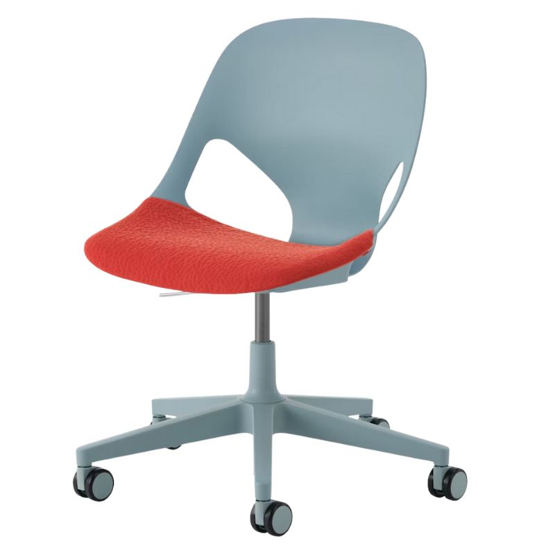 The Zeph Multipurpose Chair without Arms from Herman Miller glacier shell with blaze seat pad.