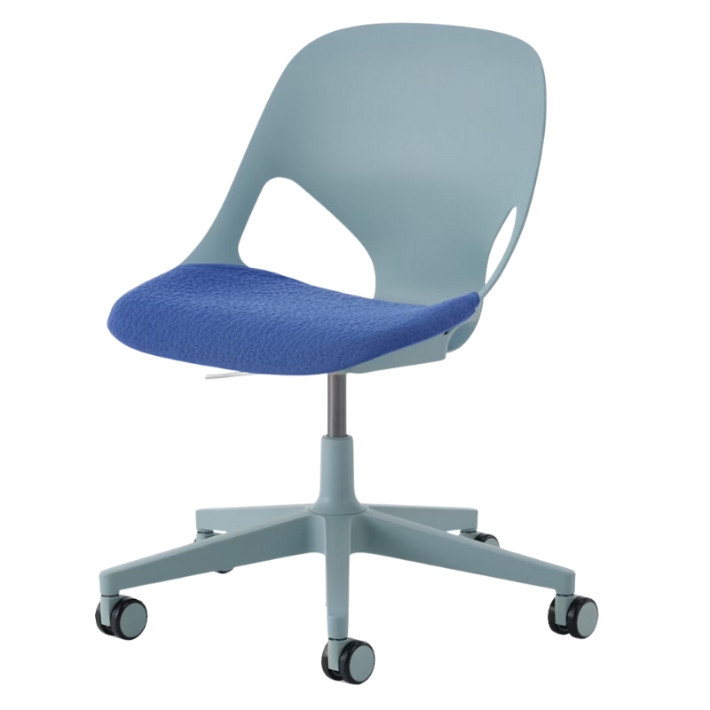 The Zeph Multipurpose Chair without Arms from Herman Miller glacier shell with bluebell seat pad.