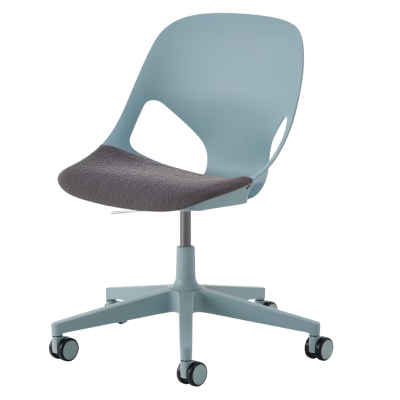 The Zeph Multipurpose Chair without Arms from Herman Miller glacier shell with carbon seat pad.