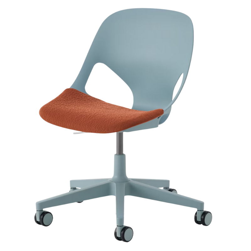 The Zeph Multipurpose Chair without Arms from Herman Miller glacier shell with cayenne seat pad.