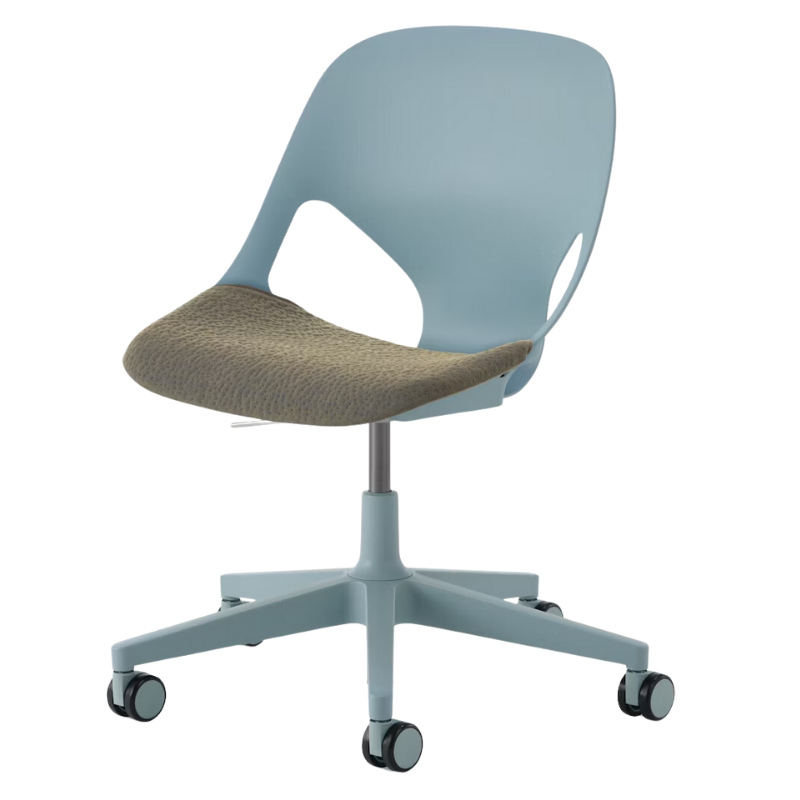 The Zeph Multipurpose Chair without Arms from Herman Miller glacier shell with moss seat pad.