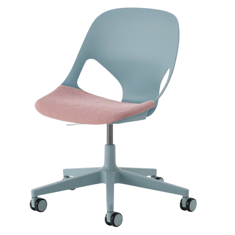 The Zeph Multipurpose Chair without Arms from Herman Miller glacier shell with tea rose seat pad.