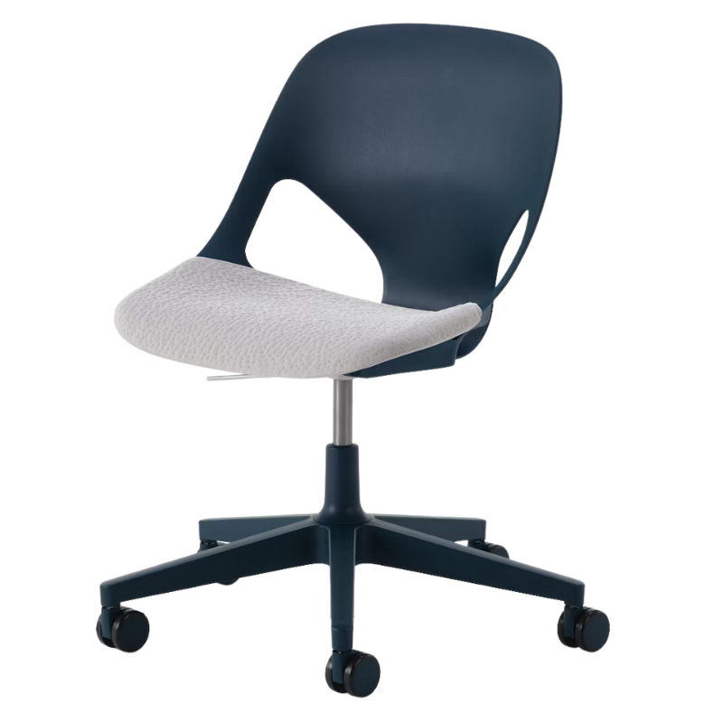 The Zeph Multipurpose Chair without Arms from Herman Miller nightfall shell with alpine seat pad.