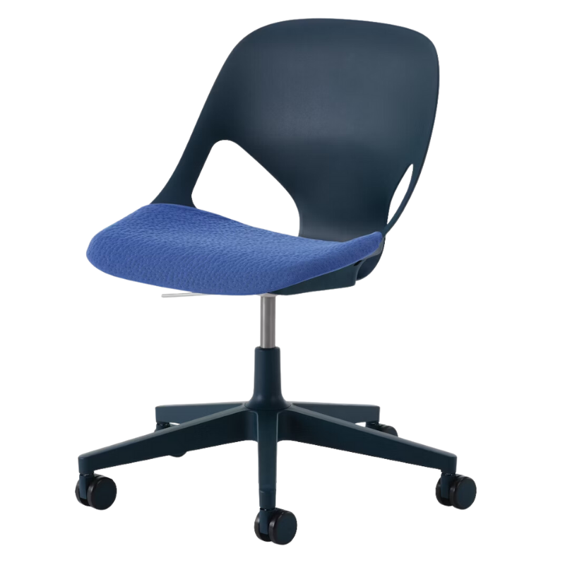 The Zeph Multipurpose Chair without Arms from Herman Miller nightfall shell with bluebell seat pad.