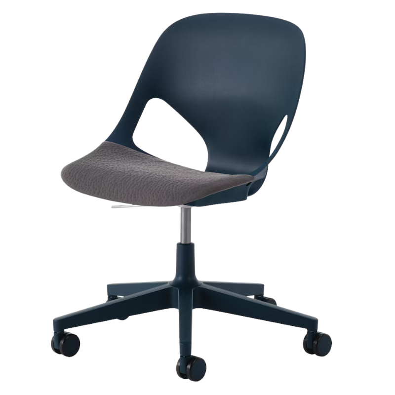 The Zeph Multipurpose Chair without Arms from Herman Miller nightfall shell with carbon seat pad.