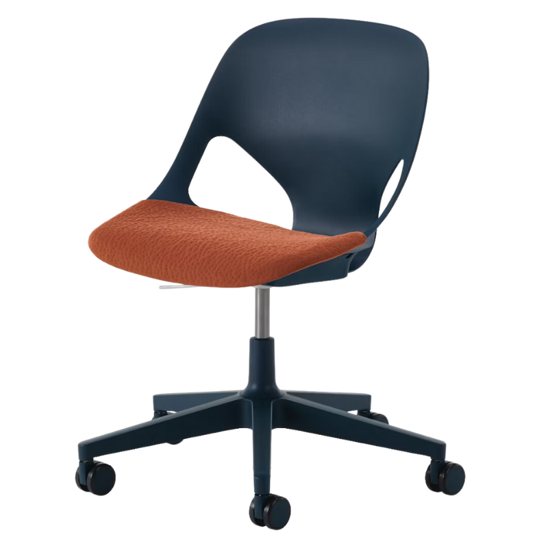 The Zeph Multipurpose Chair without Arms from Herman Miller nightfall shell with cayenne seat pad.