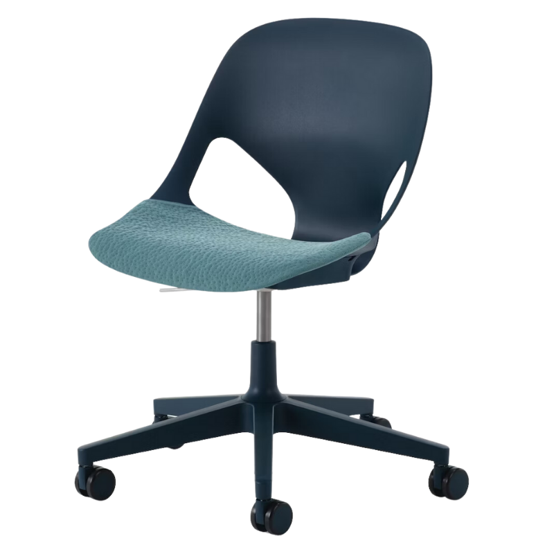 The Zeph Multipurpose Chair without Arms from Herman Miller nightfall shell with glacier seat pad.