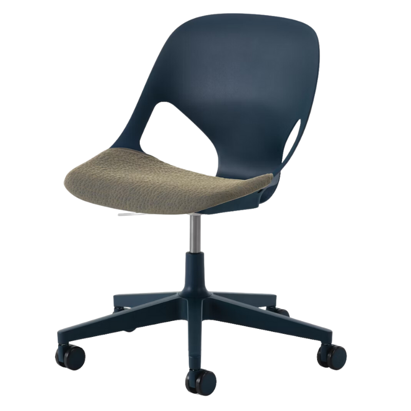 The Zeph Multipurpose Chair without Arms from Herman Miller nightfall shell with moss seat pad.