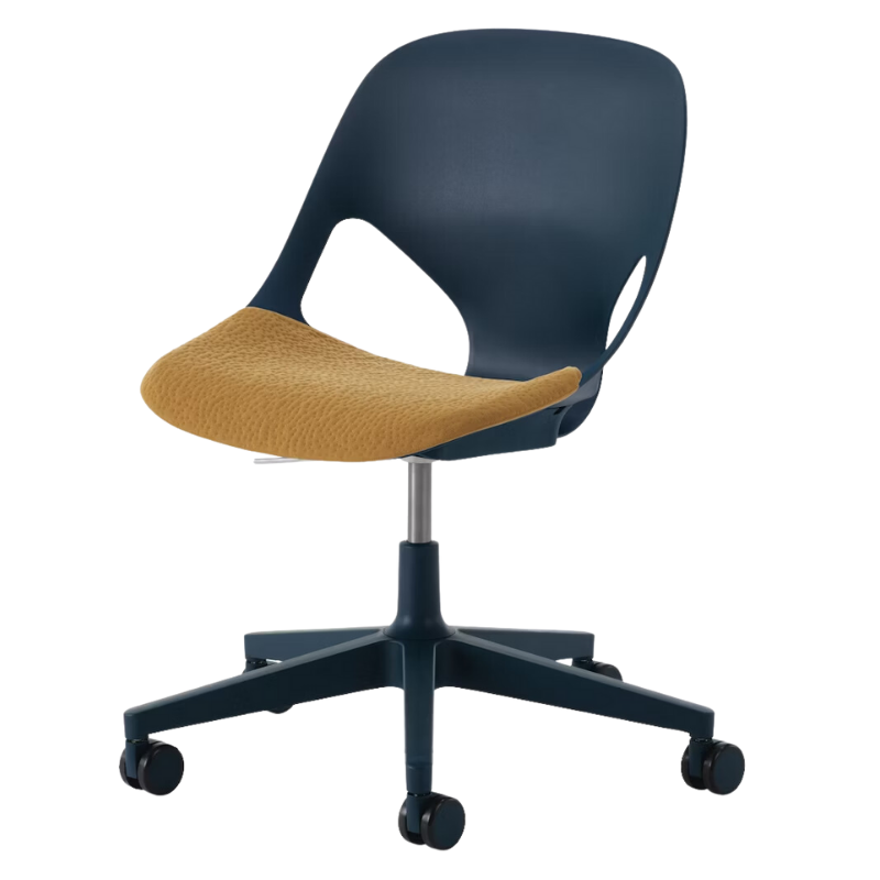 The Zeph Multipurpose Chair without Arms from Herman Miller nightfall shell with mustard seed seat pad.