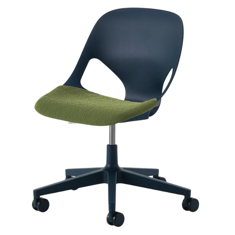 The Zeph Multipurpose Chair without Arms from Herman Miller nightfall shell with olive seat pad.