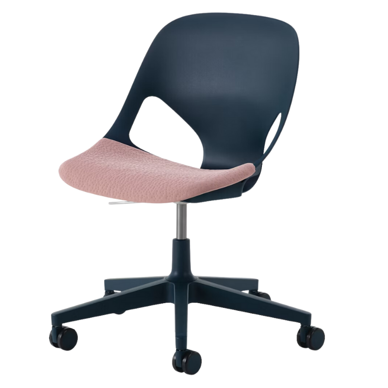 The Zeph Multipurpose Chair without Arms from Herman Miller nightfall shell with tea rose seat pad.