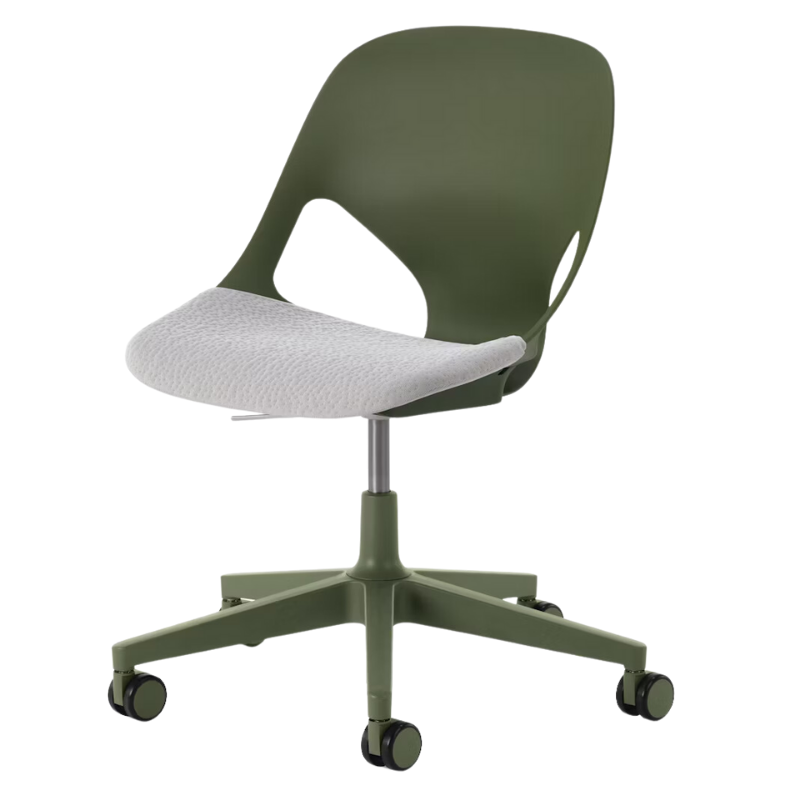 The Zeph Multipurpose Chair without Arms from Herman Miller olive shell with alpine seat pad.