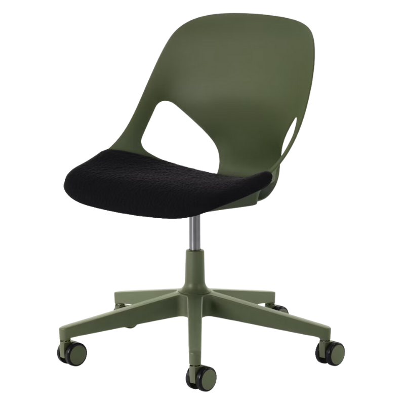 The Zeph Multipurpose Chair without Arms from Herman Miller olive shell with black seat pad.