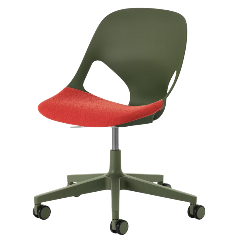 The Zeph Multipurpose Chair without Arms from Herman Miller olive shell with blaze seat pad.