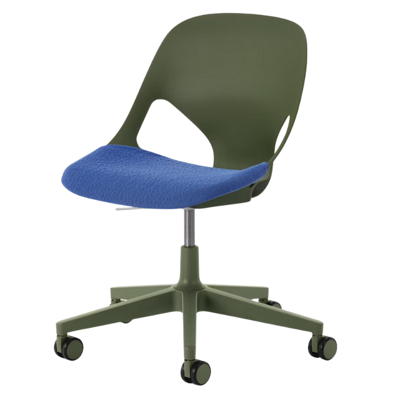 The Zeph Multipurpose Chair without Arms from Herman Miller olive shell with bluebell seat pad.