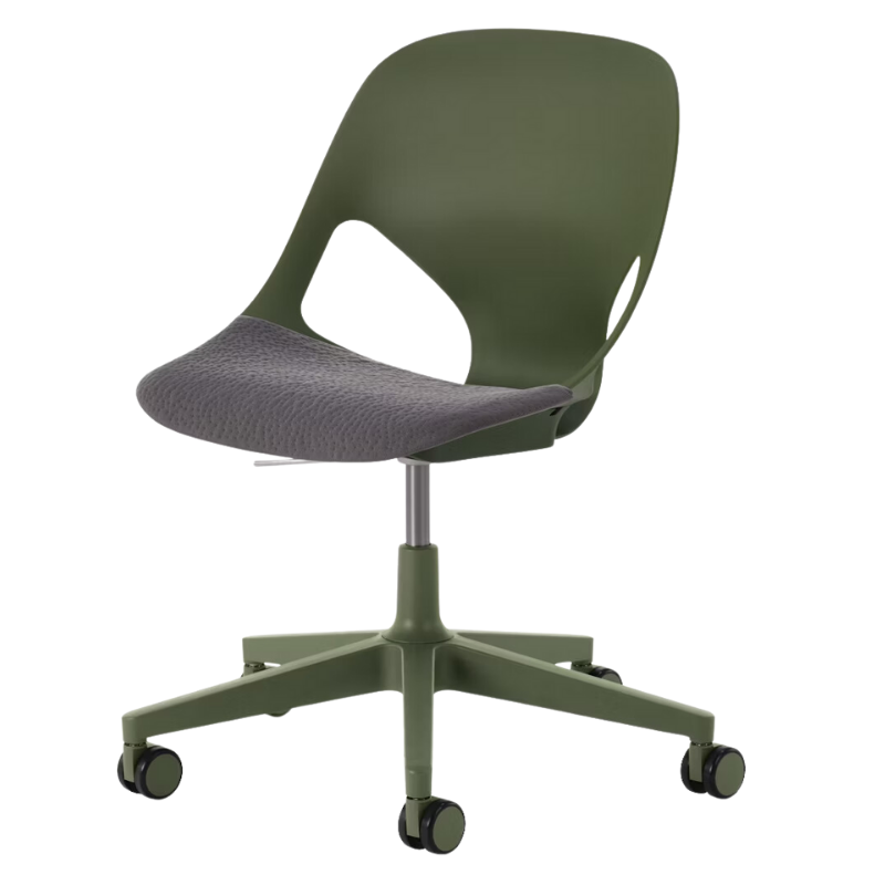 The Zeph Multipurpose Chair without Arms from Herman Miller olive shell with carbon seat pad.