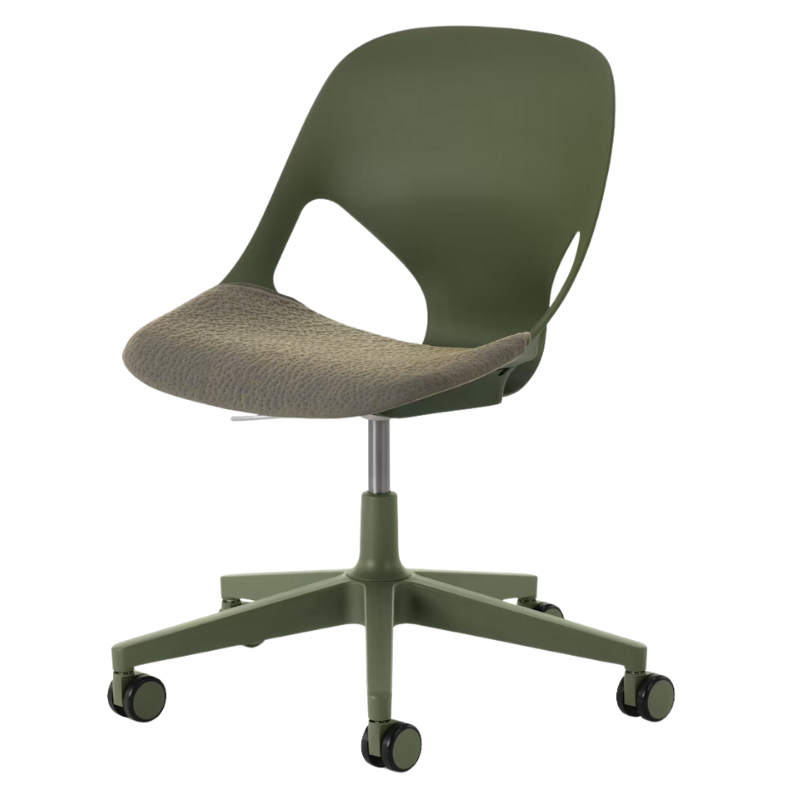 The Zeph Multipurpose Chair without Arms from Herman Miller olive shell with moss seat pad.