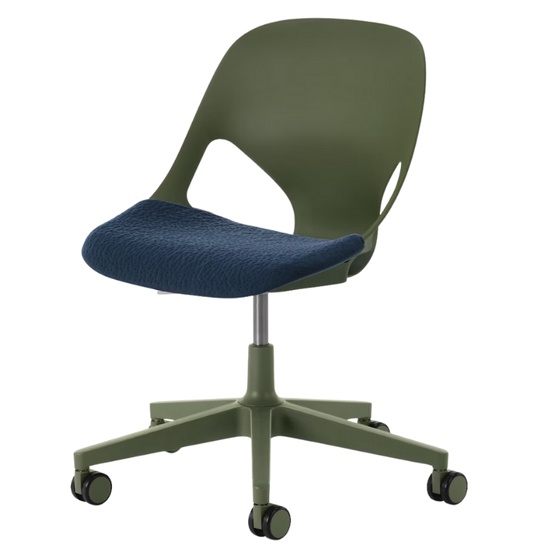 The Zeph Multipurpose Chair without Arms from Herman Miller olive shell with nightfall seat pad.