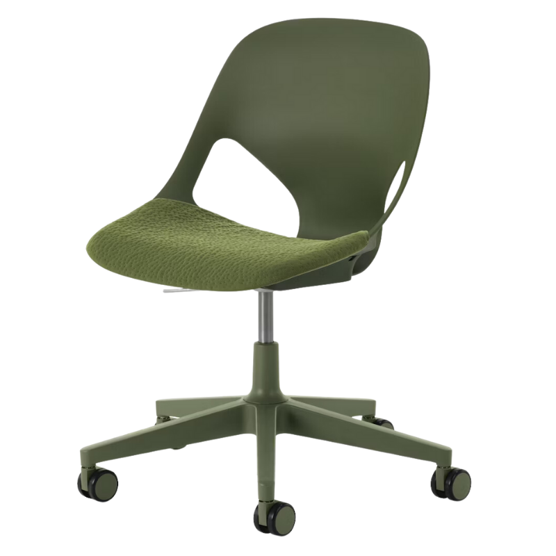 The Zeph Multipurpose Chair without Arms from Herman Miller olive shell with olive seat pad.