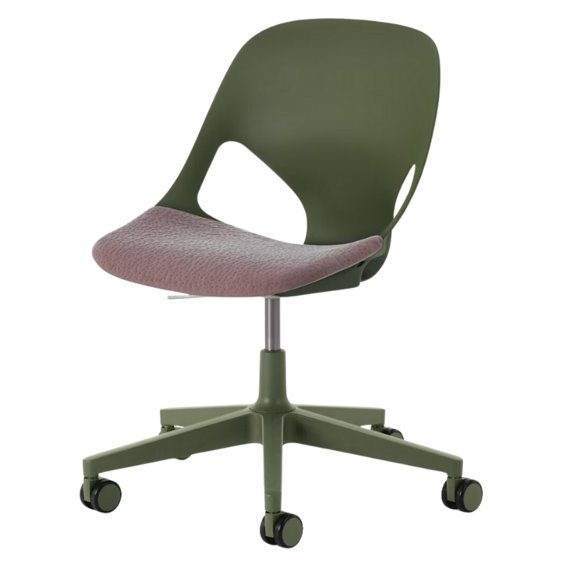 The Zeph Multipurpose Chair without Arms from Herman Miller olive shell with silt seat pad.