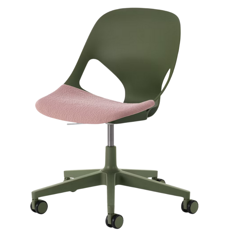 The Zeph Multipurpose Chair without Arms from Herman Miller olive shell with tea rose seat pad.