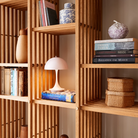 The Panthella 160 Portable Lamp from Louis Poulsen on a bookshelf.