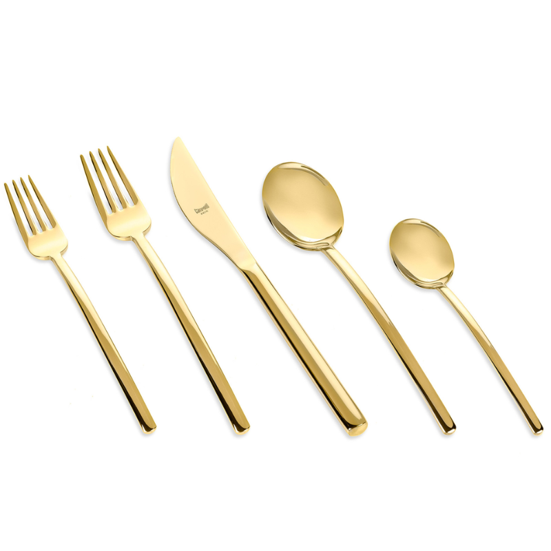 The Due 5 Piece Cutlery Set from Mepra in gold.