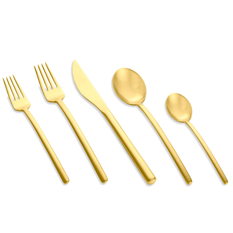 The Due 5 Piece Cutlery Set from Mepra in ice gold.