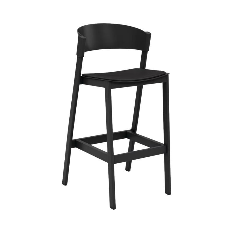 Bar stool with back. Cover Bar Stool by Muuto in black with black leather upholstery. 