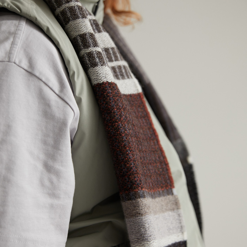 The Nyack Scarf by Wallace and Sewell in brindle worn.