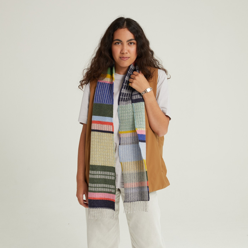 The Nyack Scarf by Wallace and Sewell in harlequin in a studio.