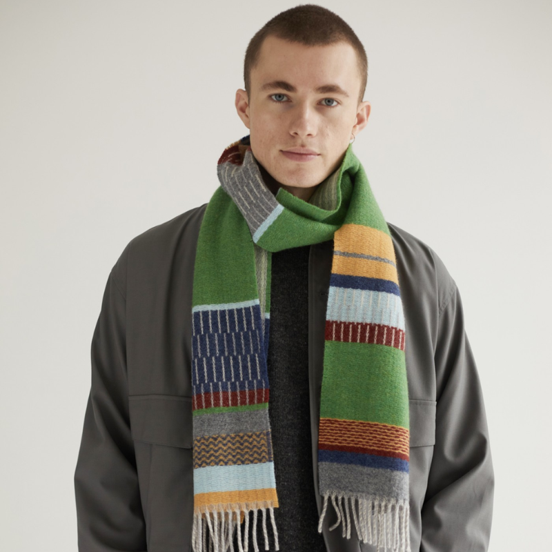 The Strathay Scarf from Wallace & Sewell in pea worn.